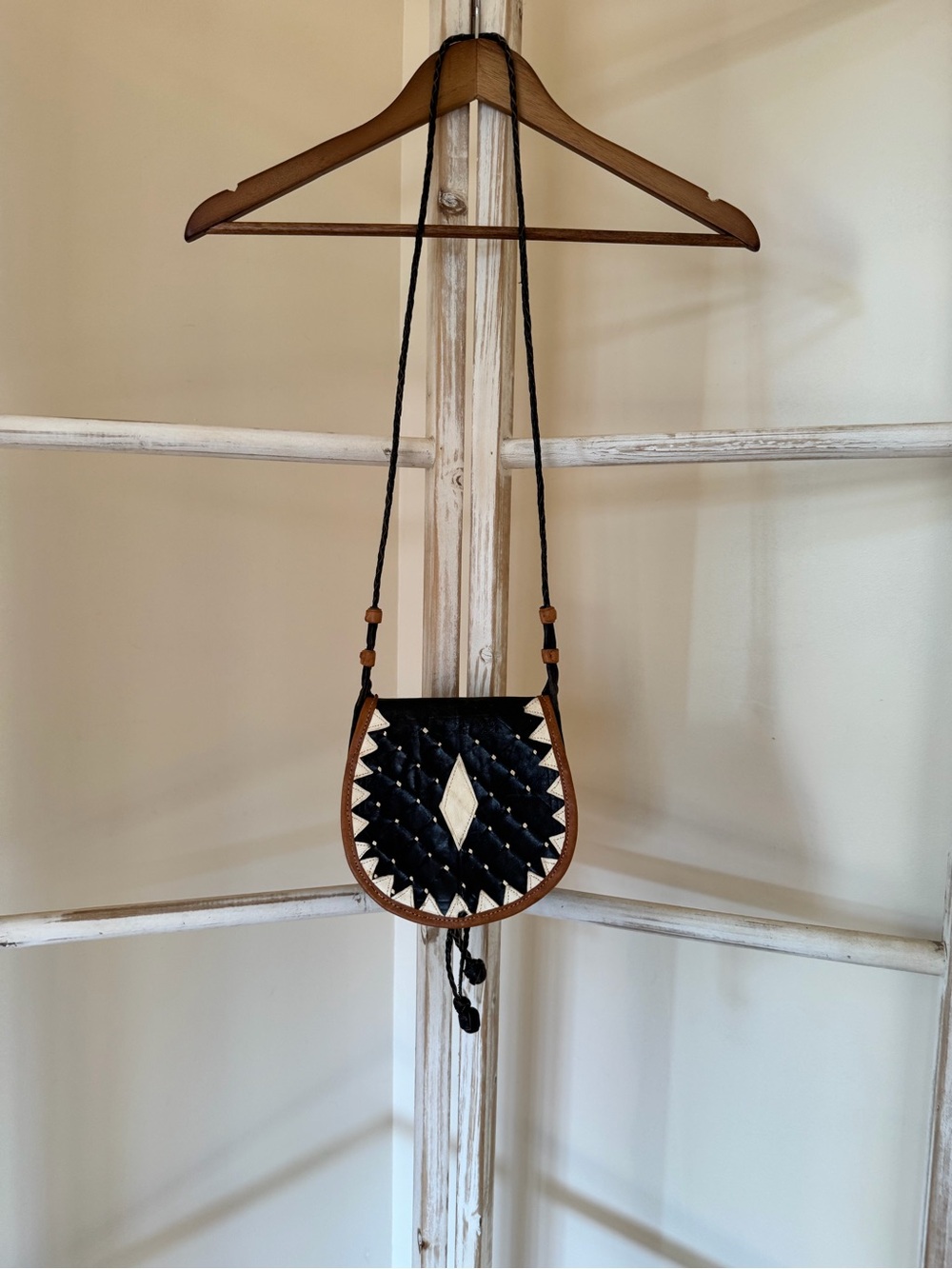 Vintage Soft Black and Brown Geometric Crossbody Bag - Unbranded